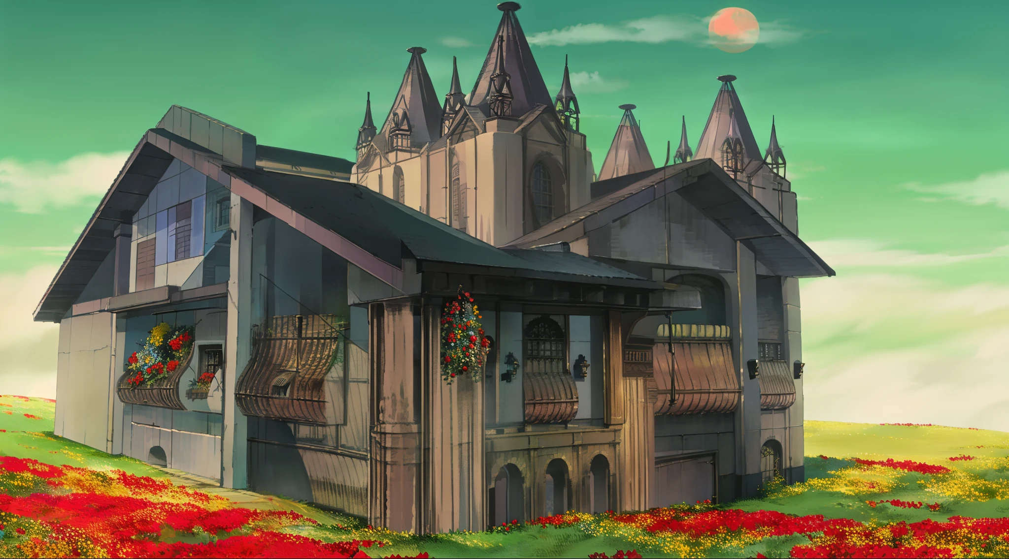 a gothic home on a field of wildflowers, morning sunrise, window bars, victorian home details, gothic architecture details, stone pathway, cut grass, wildflowers,