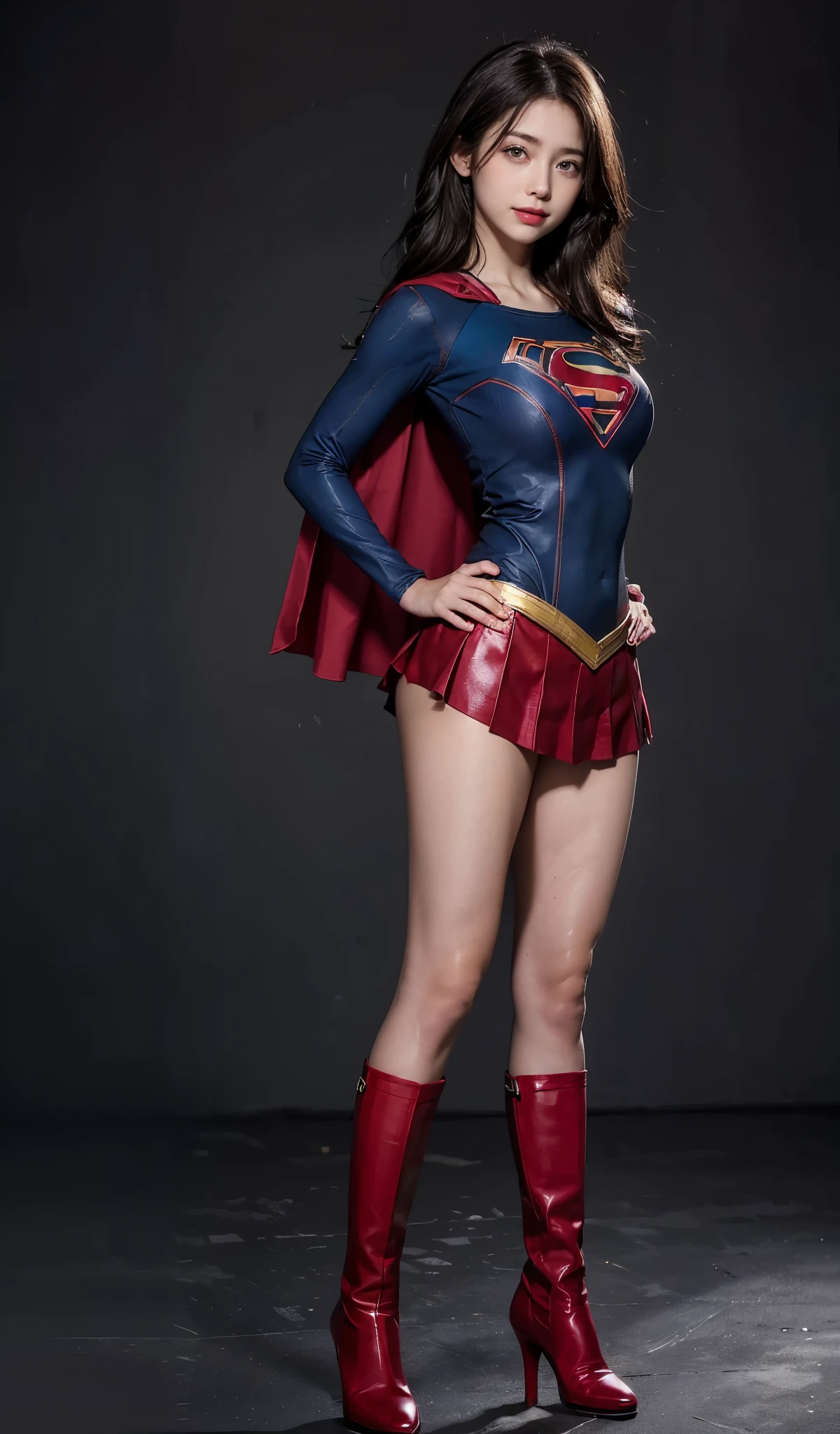 no background、no background、Fitted Supergirl costume、Hairstyle is short、Body Fit Costumes、draw the whole body、(((Wear black tights on your beautiful legs.)))、(((stretch your legs、tall、Legally express the beauty of your smile)))、((((Make the most of the original image)))、(((Supergirl Costume)))、(((beautiful hair)))、(((Suffering)))、(((Feet must necessarily be worn with black tights)))、(((You need to wear red boots)))、((Highest image quality、8K))、((highest quality、8K、masterpiece:1.3))、(((Keep Background )))、clear focus:1.2、beautiful woman with perfect figure:1.4、slender abs:1.2、wet body:1.5、Highly detailed face and skin texture、8K