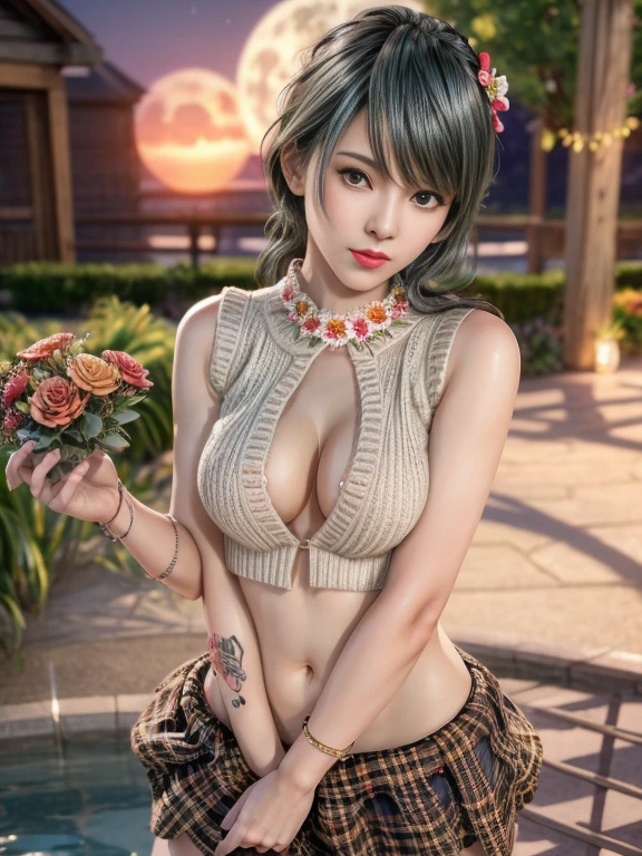 first-person view,1girl,Tamaki,(Wearing (Shirt), knitted vest skirt),((flower shop)),Jewelry,Tattoos,nighttime, full_moon,(( Water droplets glow)),red lips,charming body,Charming cleavage,(Masterpiece:1.5),( best quality:1.4),(reality:1.4), detailed,8K，Digital art,Detailed hair,expressive eyes, perfect face, real fingers,depth of field,Analogous Colors,Warm Tone,soft light,low Contrast,hard shadow, pop surrealism,