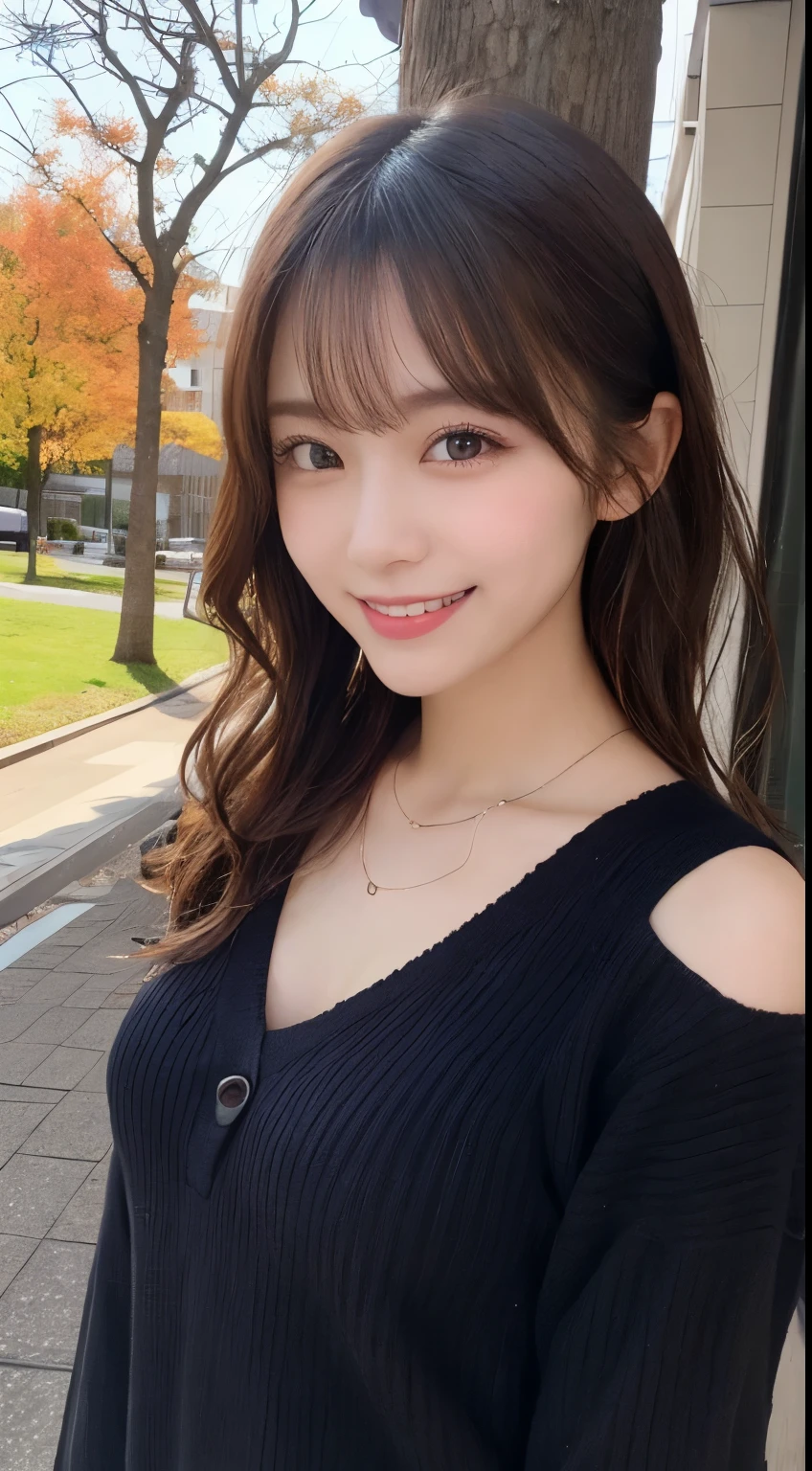 She looks happy when she sees this、casual clothes、Under the autumn sky、muste piece, best quality, illustration, Super detailed, fine details, High resolution, 8K Denden Wallpaper, perfect dynamic composition, beautiful detailed eyes, ladies fashion summer,bob hair,middle of chest, natural color lip, bold sexy pose,shy smile,Harajuku style、20 year old girl、cute type、sexy shot looking at camera