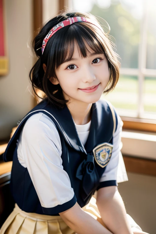 (((masterpiece))), (((Close-up on the face))),(one beautiful japanese girl, innocence,cute) ,ultra high resolution, Reality, Super detailed, 8K,highest quality, Extremely detailed, blurry background,slender,small breasts,(very beautiful japanese girl, detailed face:1.3), ((bob hair,hair band,shiny hair,black hair :1.4)), (,cute系,adorable 10 year ois short), (perfect body:1.1),(cuteセーラー服、short sleeve sailor suit,navy blue pleated mini skirt),((sit on a chair in a school classroom))),Beautiful smile,rosy cheeks,super detailed face、detailed lips、detailed eyes、small gravure idol,transparent skin、Shining beautiful skin,lolita,no makeup,Japanese high school uniform with school emblem on the chest,(Super high resolution),(perfect limbs、perfect anatomy),Colors and landscapes of youth、premonition of love,The morning light is shining through the window,expressive eyes,Bright colors, soft lighting, digital illustration