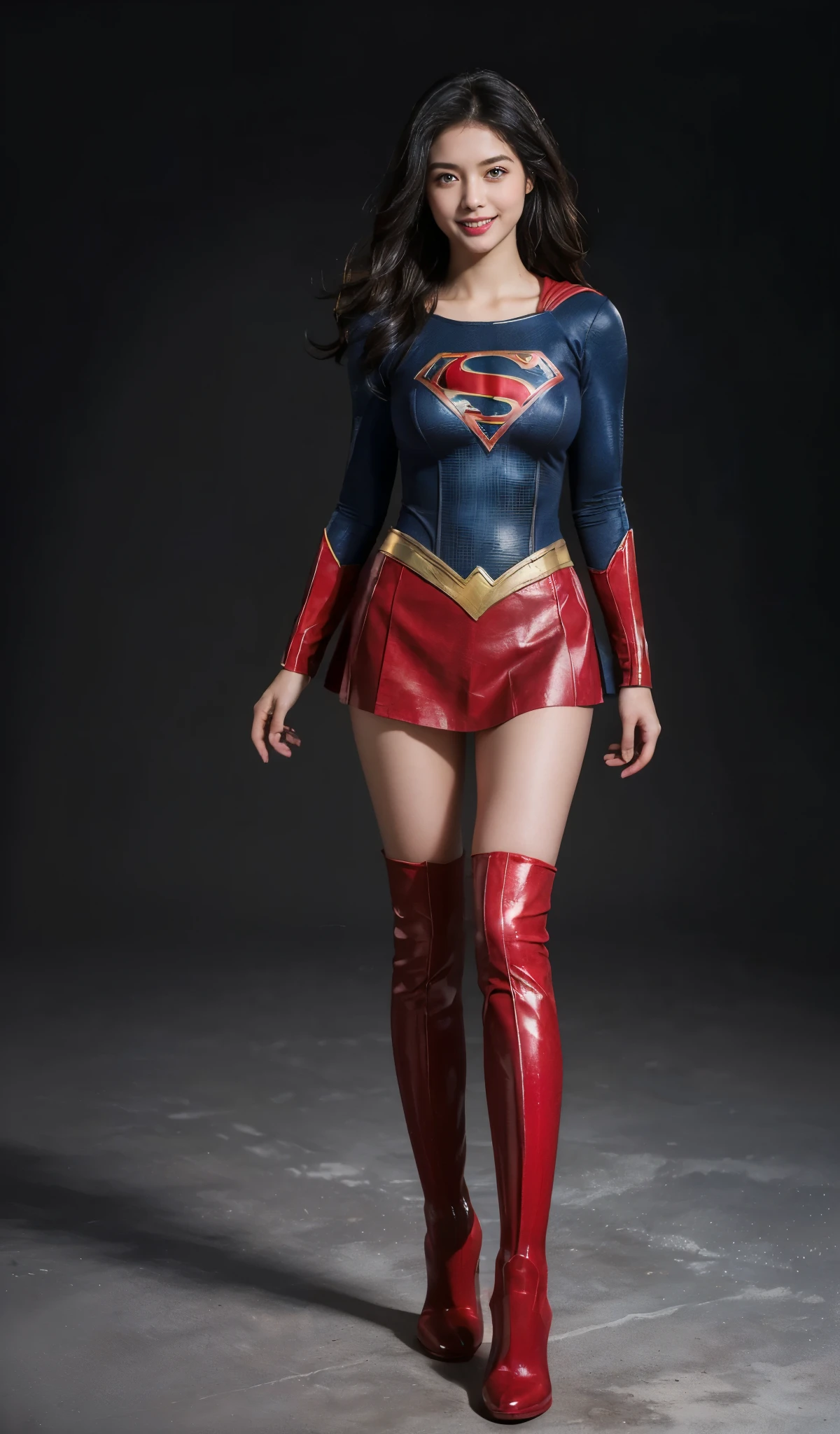 no background、no background、Fitted Supergirl costume、Hairstyle is short、Body Fit Costumes、draw the whole body、(((Wear black tights on your beautiful legs.)))、(((stretch your legs、tall、Legally express the beauty of your smile)))、((((Make the most of the original image)))、(((Supergirl Costume)))、(((beautiful hair)))、(((Suffering)))、(((Feet must necessarily be worn with black tights)))、(((You need to wear red boots)))、((Highest image quality、8K))、((highest quality、8K、masterpiece:1.3))、(((Keep Background )))、clear focus:1.2、beautiful woman with perfect figure:1.4、slender abs:1.2、wet body:1.5、Highly detailed face and skin texture、8K