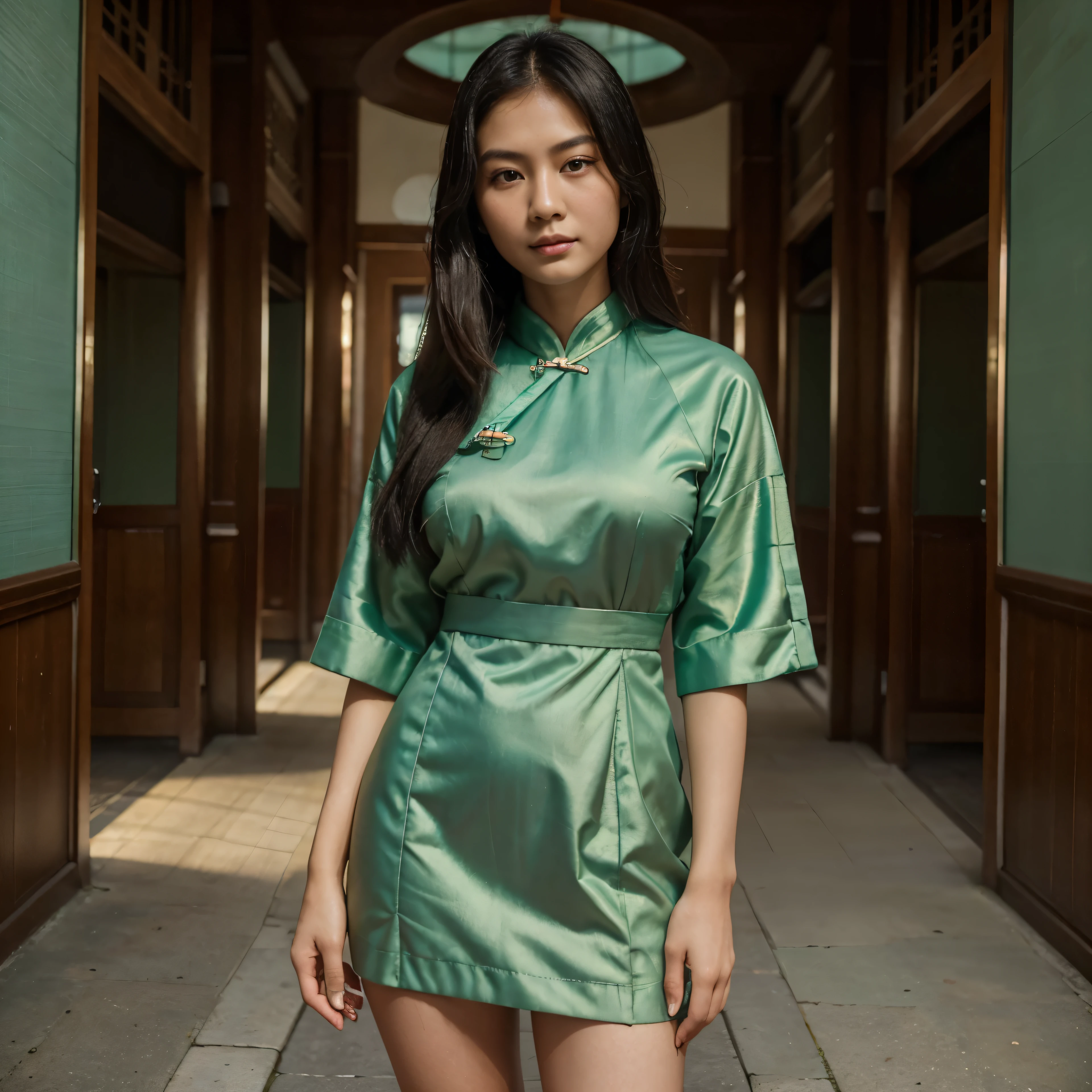 ((best quality)), ((masterpiece)), (detailed), perfect face)
Full body portrait:1.4), RAW UHD portrait photo of a 25 year old Singaporean woman named Rong with black hair that flows down to her knees, she has brown eyes and is 5'6" and slender, she wears high-end clothing and has feminine features, dslr, ultra quality, sharp focus, tack sharp, film grain (centered), fujifilm xt3, oiled skin, tan, intricate eye detail, wearing a seafoam green traditional chinese dress, standing up