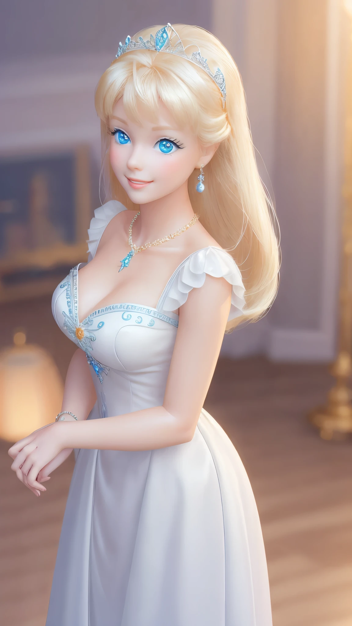 blond Barbie princess standing, Delicate detailed face, animated, detailed white skin texture, long golden hair, adorable, Clean, wide smile, glowing blue eyes, blue colored pupil, white dress, luxurious tiara, gloss, fresh flowers, landscape, ocean, mountains, pine forest, centered golden frame, center, necklaces, pearls, Disney style, high resolution, official art, unreal-engine, high dynamic range, OctaneRender, render, cinema4d, sun ray, porcelaine, looking at viewer, depth of field, from below, masterpiece, 8K, best quality, anatomically correct