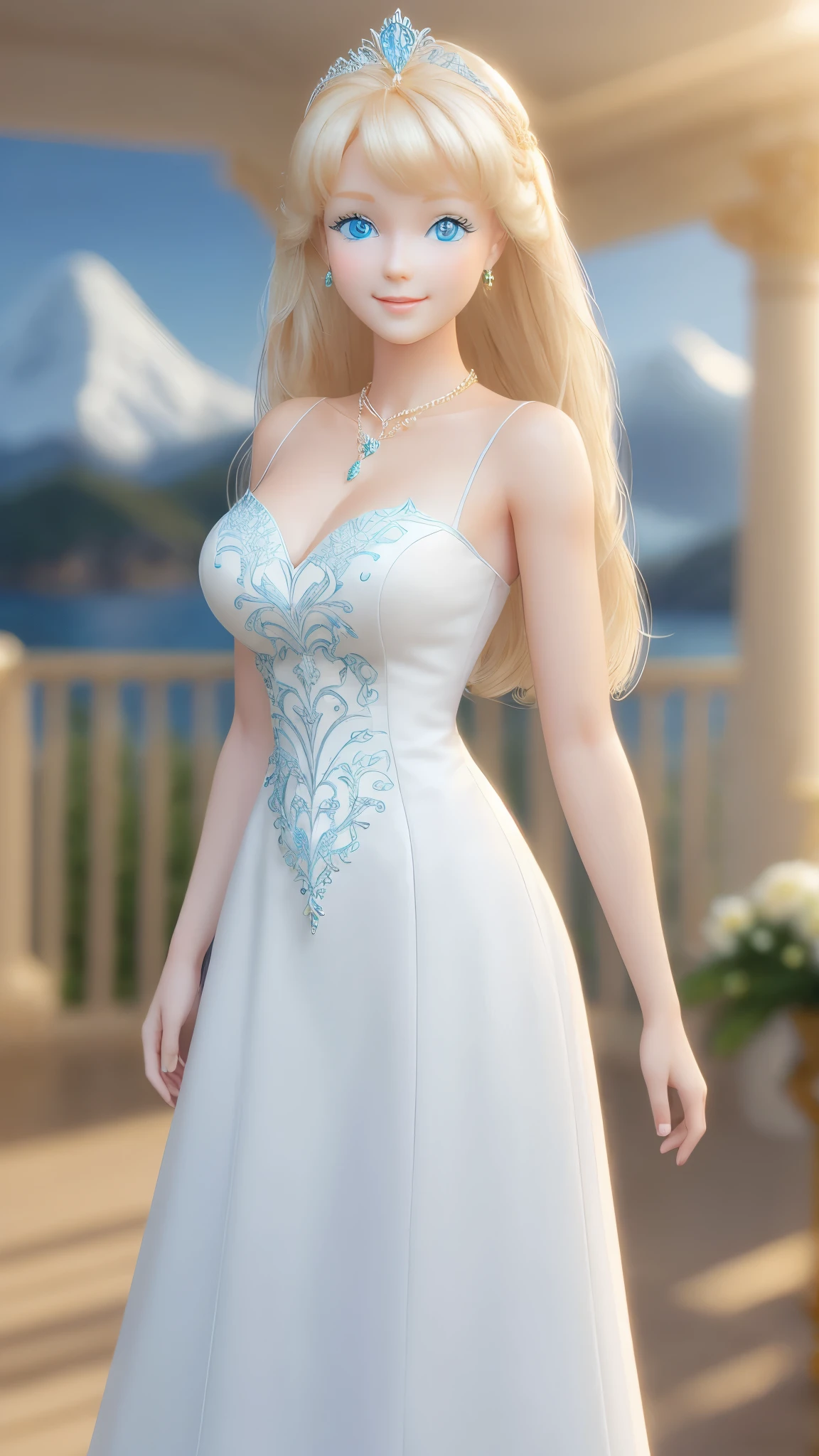 blond Barbie princess standing, Delicate detailed face, animated, detailed white skin texture, long golden hair, adorable, Clean, wide smile, glowing blue eyes, blue colored pupil, white dress, luxurious tiara, gloss, fresh flowers, landscape, ocean, mountains, pine forest, centered golden frame, center, necklaces, pearls, Disney style, high resolution, official art, unreal-engine, high dynamic range, OctaneRender, render, cinema4d, sun ray, porcelaine, looking at viewer, depth of field, from below, masterpiece, 8K, best quality, anatomically correct