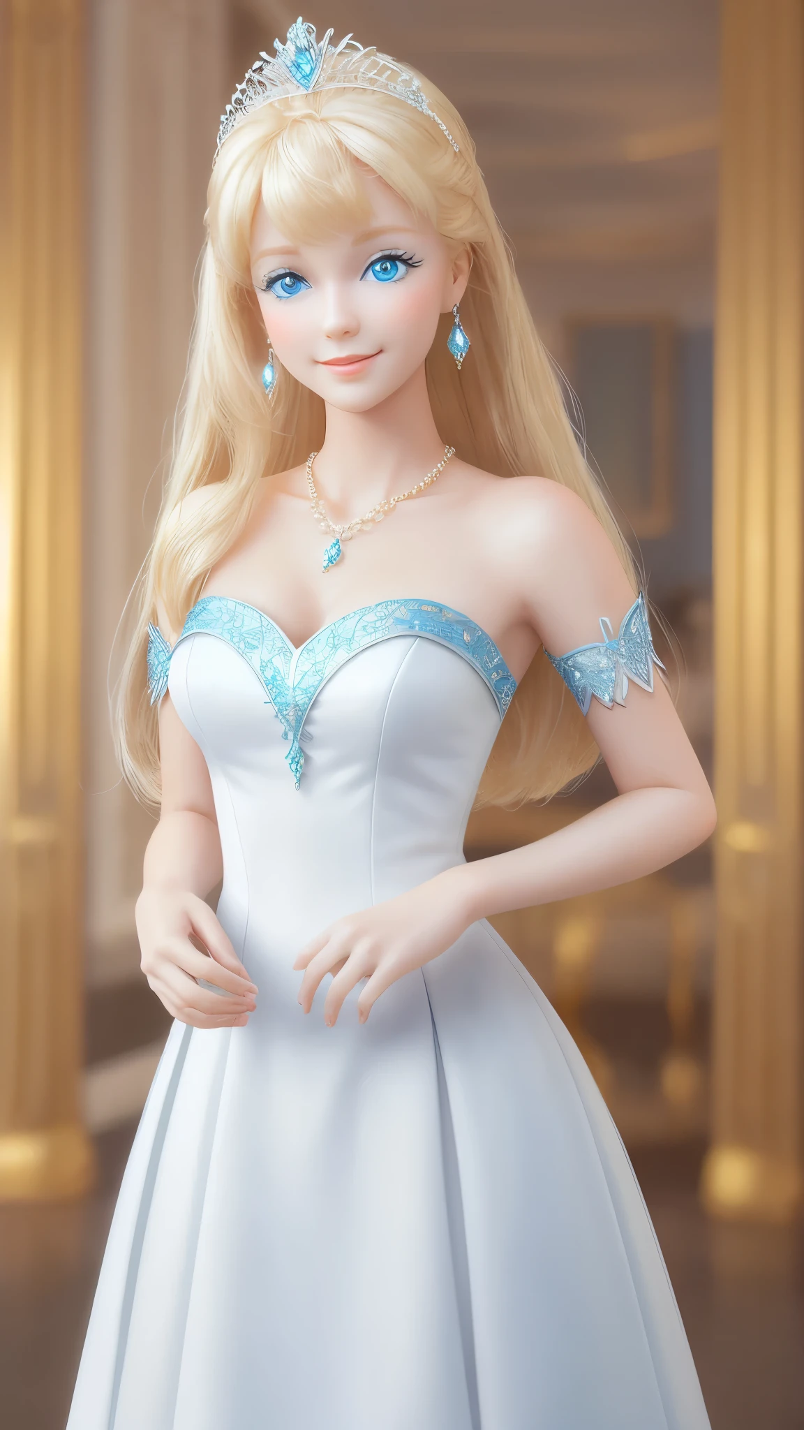 blond Barbie princess standing, Delicate detailed face, animated, detailed white skin texture, long golden hair, adorable, Clean, wide smile, glowing blue eyes, blue colored pupil, white dress, luxurious tiara, gloss, fresh flowers, landscape, ocean, mountains, pine forest, centered golden frame, center, necklaces, pearls, Disney style, high resolution, official art, unreal-engine, high dynamic range, OctaneRender, render, cinema4d, sun ray, porcelaine, looking at viewer, depth of field, from below, masterpiece, 8K, best quality, anatomically correct