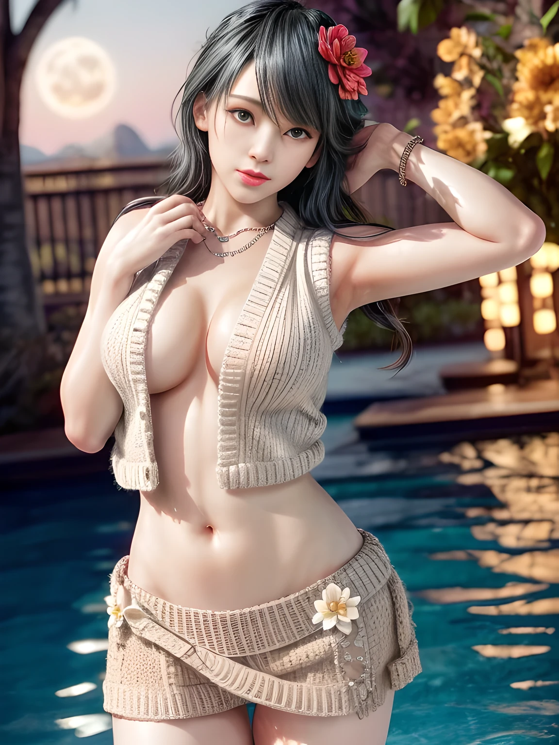 first-person view,1girl,Tamaki,(Wearing (Shirt), knitted vest skirt),((flower shop)),Jewelry,Tattoos,nighttime, full_moon,(( Water droplets glow)),red lips,charming body,Charming cleavage,(Masterpiece:1.5),( best quality:1.4),(reality:1.4), detailed,8K，Digital art,Detailed hair,expressive eyes, perfect face, real fingers,depth of field,Analogous Colors,Warm Tone,soft light,low Contrast,hard shadow, pop surrealism,