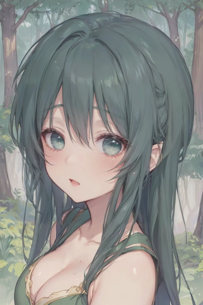 (forest:1.1), (green dress), small breasts, cleavage, super cute, (closeup face and breasts: 1.3), elfgirl, 1girl, masterpiece, professionally drawn, (huge breasts), (cleavage sweat), (anime drawing:1.1), (simple bold lines: 1.1), (anime:1.1), (very cute anime girl), (bright), (low contrast), (prettiest teenage girl), (mature face: 1.4), (tall girl with big breasts: 1.2), (looking at another: 1.2), (yuri:1.4)