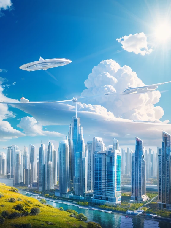 high quality、high resolution photos、technology, Nature and people々々The spirits of are in perfect harmony、A futuristic city that looks like a bright science fiction movie、blue sky、White cloud