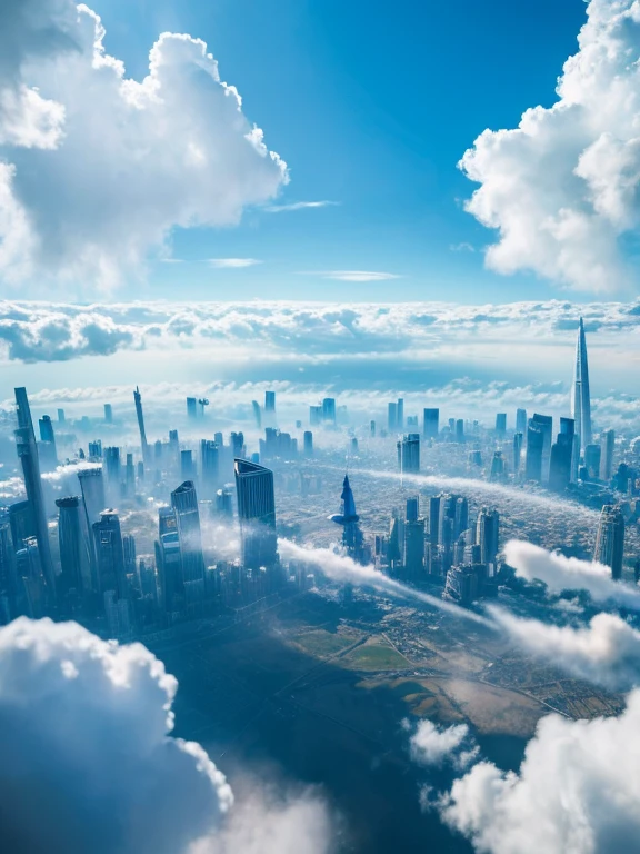 high quality、high resolution photos、technology, Nature and people々々The spirits of are in perfect harmony、A futuristic city that looks like a bright science fiction movie、blue sky、White cloud