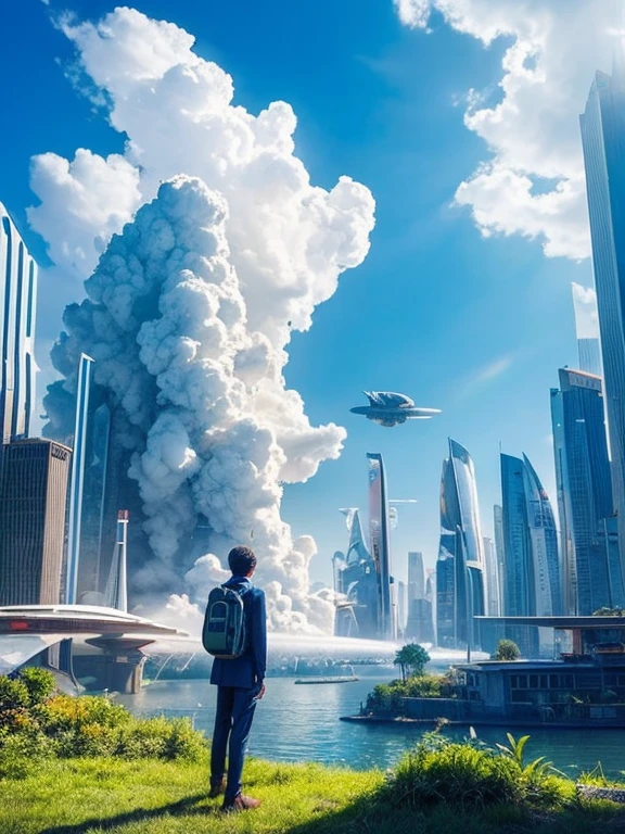 high quality、high resolution photos、technology, Nature and people々々The spirits of are in perfect harmony、A futuristic city that looks like a bright science fiction movie、blue sky、White cloud