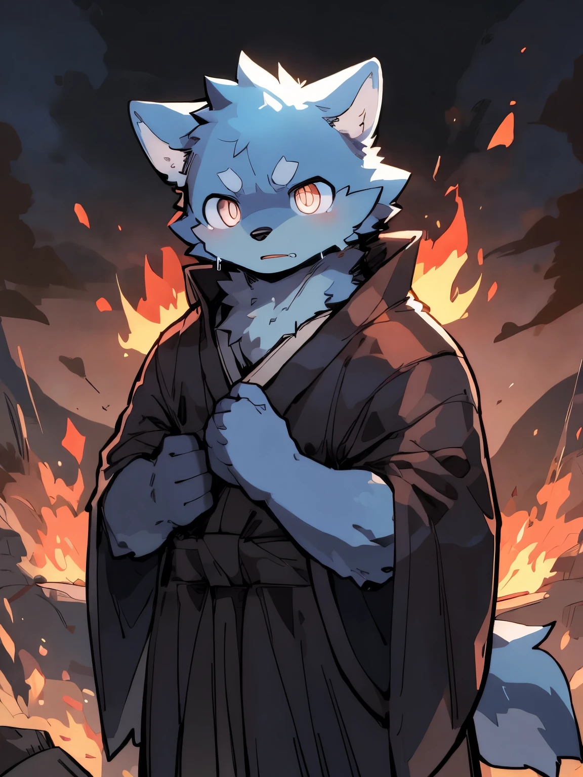 masterpiece, best quality, perfect anatomy, Bright Eyes, big watery eyes, By Ruhu1145, hairy, Wolf, (trigger:0.3), muscular man, alone, clothed, loose robe，Use magic in fire，red and blue pupiloggy blue fur，cry