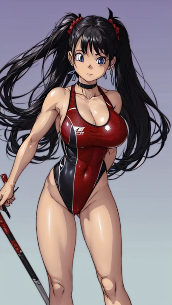 A beautiful woman with long hair, big breasts, beautiful legs, and a sharp face is standing in a red competitive swimsuit.。