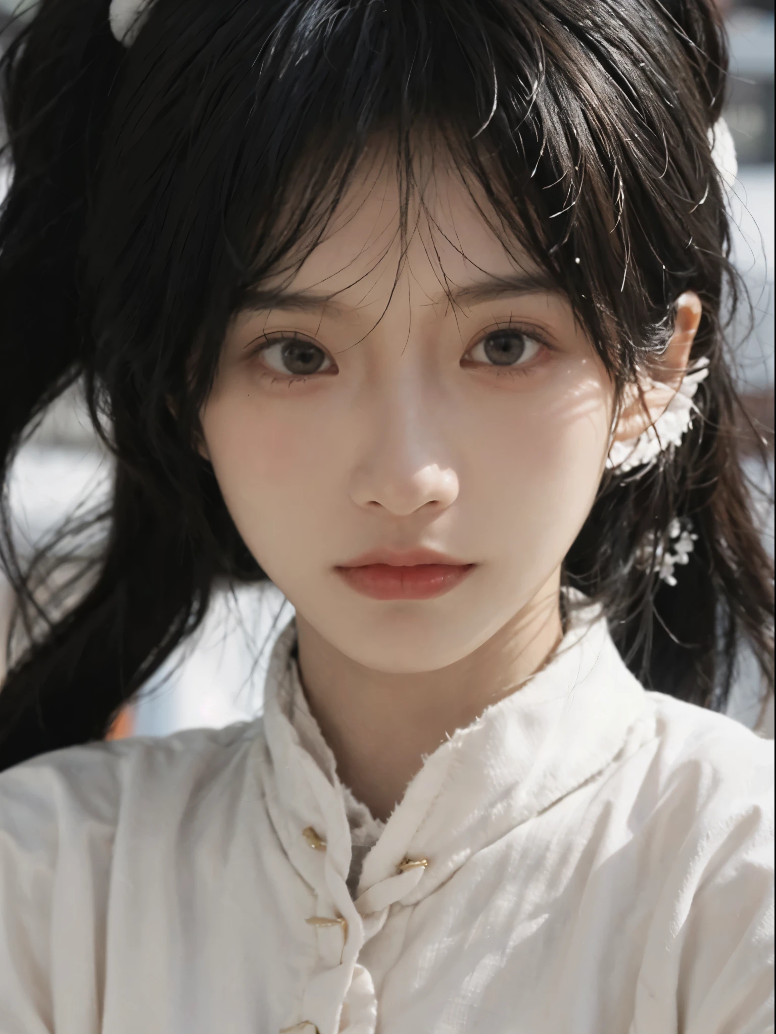 best quality, ultra high resolution, White background,(realistically:1.4), girl, A pair of eyes as clear as snow,Imperial sister,Black long straight, looking at the audience, close up ,