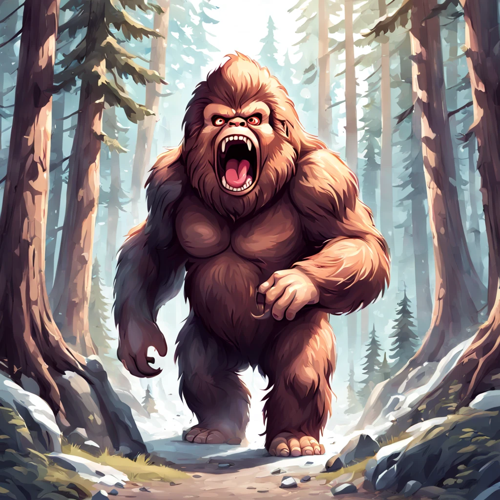 sasquatch roaring, in kawaii art style