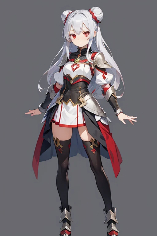 Anime girl with red eyes, silver hair , twin bun hair , standing , full body , official character art , armor , art style of Rune Factory 5, official art , simple background , high detail official artwork, official character illustration, colored line art