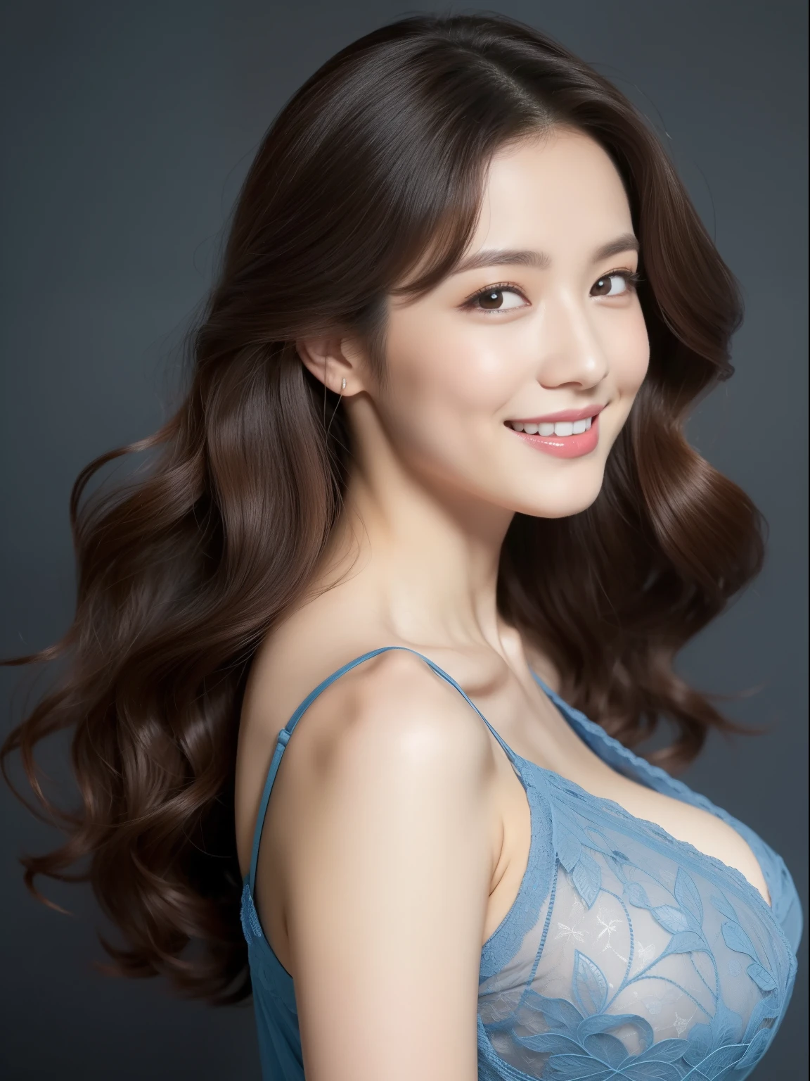 Beautiful 32 year old woman。She wears a tight camisole in light blue-gray satin fabric。Black lace at chest and hem.。Sweetie smile。Her dark brown hair is、Her hair is curly long hair。hight resolution、masterpiece、top-quality、headw:1.4、((Hasselblad photo))、Fine skin、fine textured knit、(电影灯光)、鎖骨