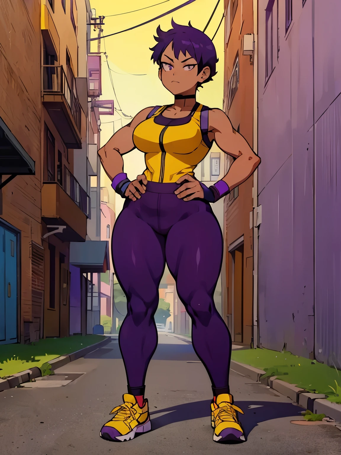 (((My HEro Academia Style))), (((((1girl))))), ((Female)), (Perfect Body:1.5), (Full Body Photo:1.5), solo, ((((purple hair)))), short hair, afro hair, buzzcut side hair, ((((purple eyes)))), ((((dark-skinned female)))), (((Goodbye Volcano High))), (((Trish))), ((perfect anatomy)), ((Perfect hands)), wide thighs, round hips, large hips, wide hips, medium breast, Yellow jersey, short blue jeans shorts, black leggings, yellow sneakers, sneakers, standing, standing pose, school alley background