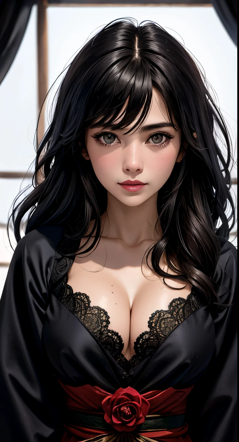 1 milf girl, dark atmosphere, highly detailed skin,, cleavage,old Japanese style village,8k quality, ultra sharp, ultra realistic detailed, dark atmosphere, dark colors, beautiful maiden dress, vibrant colors, black rose in hair 