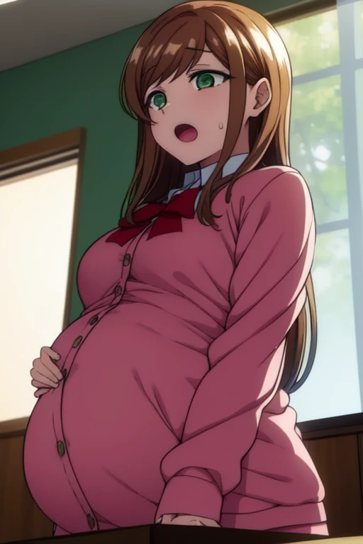 masterpiece, best quality, highres, aoki1, brown eyes, freckles, skirt, white shirt, ribbon, cowboy shot, sitting at the desk, inside the classroom, legs crossed, facing the spectator, looking at the viewer, dark atmosphere, pregnant, pregnant belly
