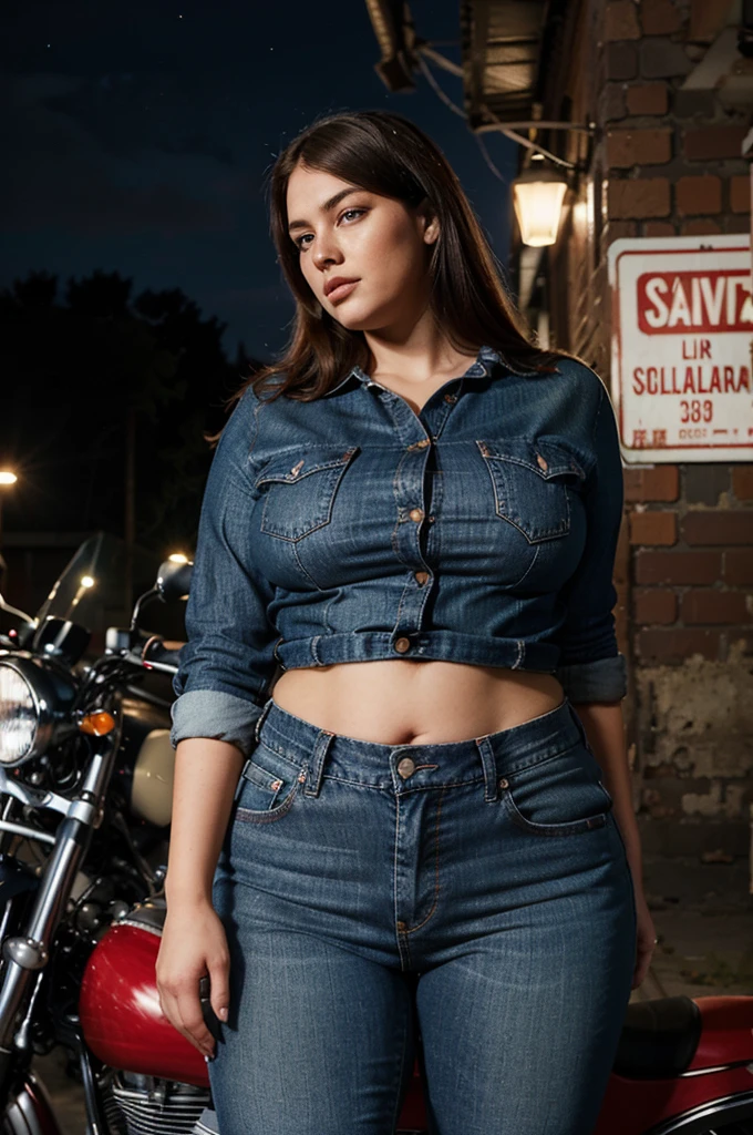 mulher branca gorda plus size. cabelo liso castanho claro. ela usa uma blusa flanelada vermelha e preta, jeans and a red all-star. she is alone in front of a motorcycle club at night. she has her mouth closed. perfecteyes eyes.