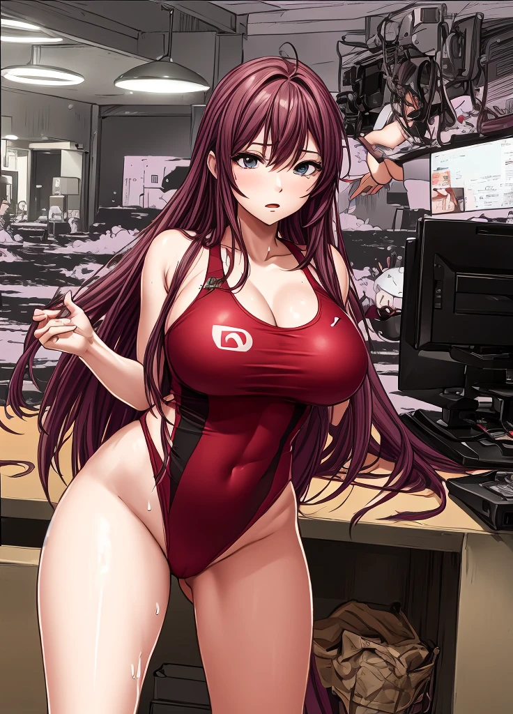 A beautiful woman with long hair, big breasts, and beautiful legs is standing in a red competitive swimsuit with a stunned expression on her face.。