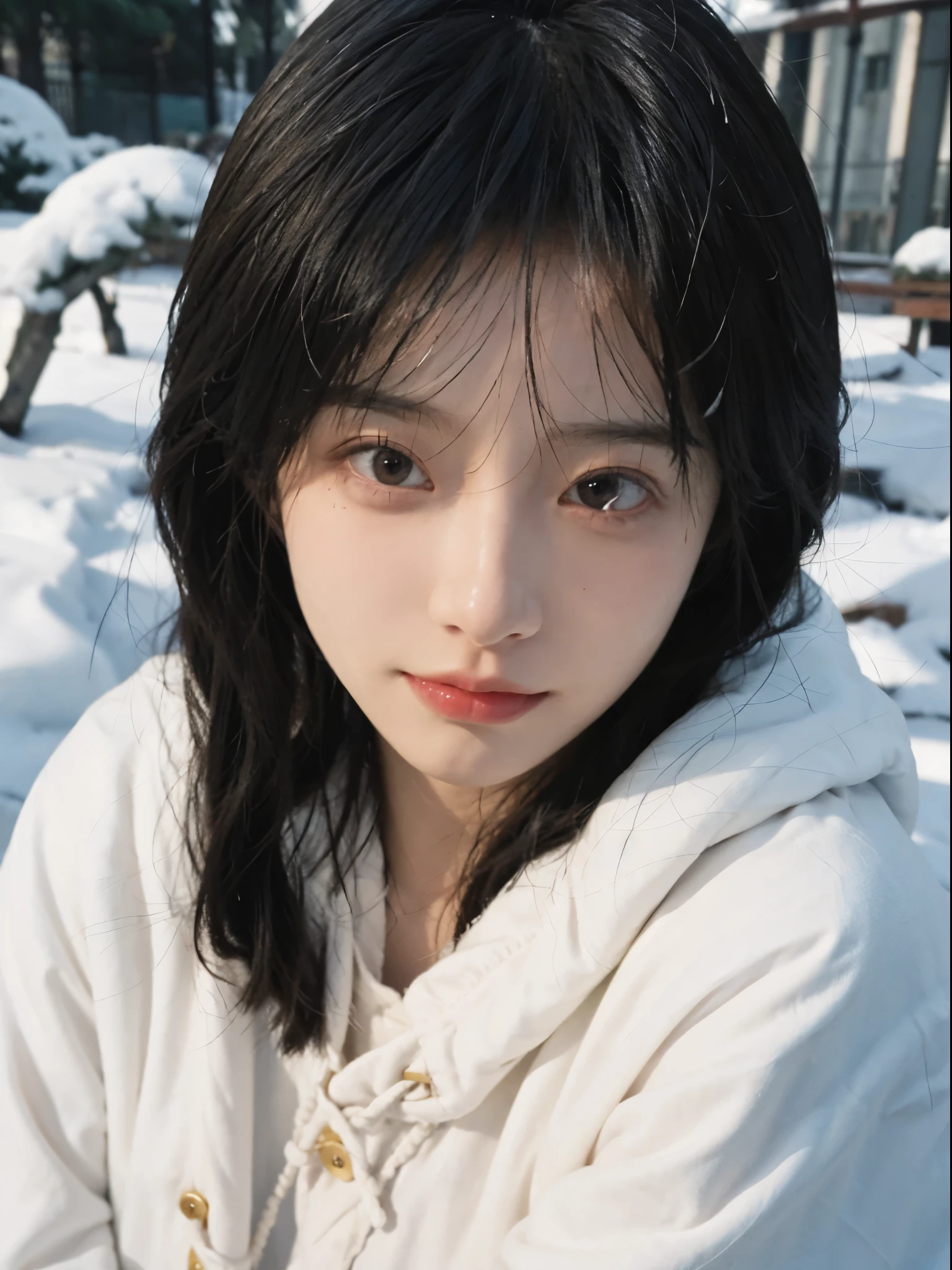 best quality, ultra high resolution, White background,(realistically:1.4), girl, A pair of eyes as clear as snow,Imperial sister,Black long straight, looking at the audience, close up ,