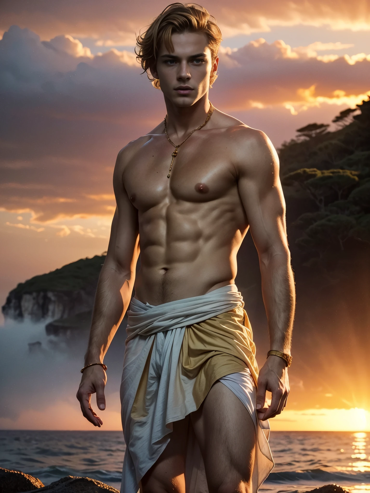 ((masterpiece)),((best quality)),8k, high detailed, ultra-detailed, Stylish Pose, real skin texture, dark cinematic lighting, 21 year-old Italian male model, barechested, shirtless, handsome italian, cute looking, divine look, powerful light greeneyes, apollo god, god of the sun, Sun god, godly, white pale skin, roman god physic, (short golden hair:1.8), dry blond hair, short hair, blond messy hair, strong jawline, masculine, muscular, defined fit body, hairless chest, shirtless, pantless, sinister aesthetic, sea sunrise, arm bracelet, costline, epic sunrise, walking towards the camera, (isolated:1.8), (sunset sea:1.7), outside, natural beach enviroment, (in the middle of nowhere), barelegged, barechest, barefoot, white antique linen spartan loincloth, white linen antique draped cloth skirt, white fabric, golden chain in roman skirt ,,,, backlight, cinematic lighting, Depth of field, award-winning photography, elegant, hyperrealistic, octane render, unreal, high definition, 8k resolution, highly detailed, 8k uhd, professional lighting, photon mapping, radiosity, physically-based rendering
