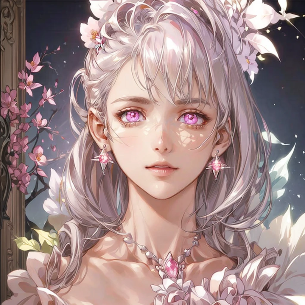 masterpiece, best quality, illustration, side shot, flashy pink, platinum earrings, platinum necklace, white dress, 1girl, cute, (dynamic lighting:1.2), cinematic lighting, delicate facial features, detailed eyes, sharp pupils, realistic pupils, depth of field, bokeh, sharp focus, (hyper-detailed, bloom, glow:1.4), many small gems, Open breast, Medium Breast, naked,  female