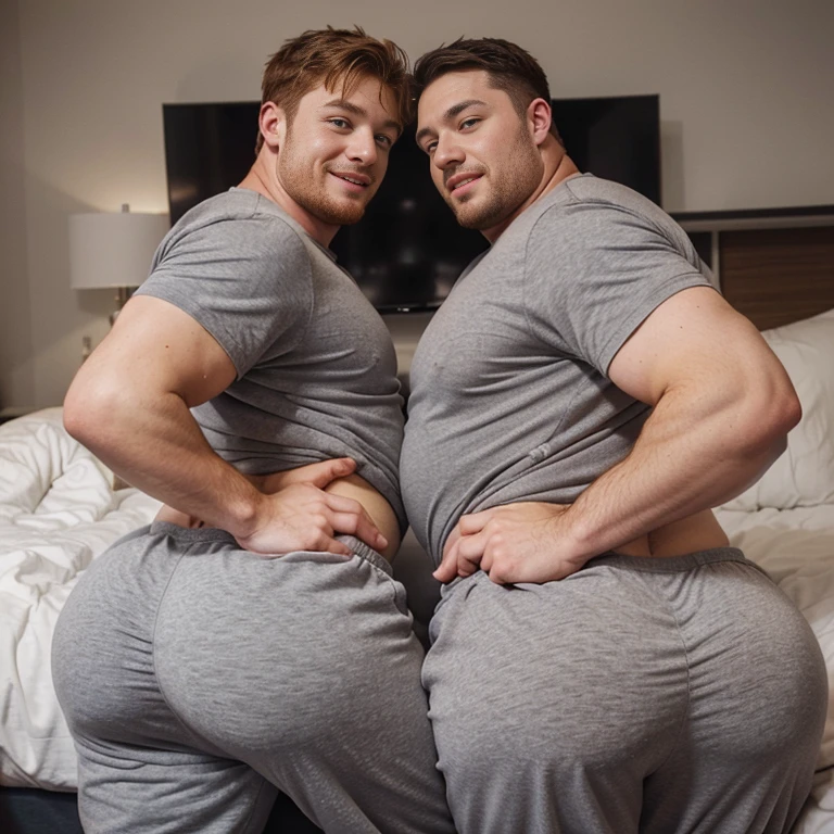 Two white men, gay, in bed, cuddling, fat asses, boy bubblebutts, big male ass, shirtless, wearing grey sweatpants, tight grey sweatpants, huge man booty, cuddling in bed, their asses are huge, fat butt, round butt, huge butt, comically massive butt, full butt, juicy butt, can see their faces, looking into each other’s eyes, smiling, attractive hot men, big ass, holding each other, cuddling, grey sweatpants, redheads, huge massive dumptruck asses