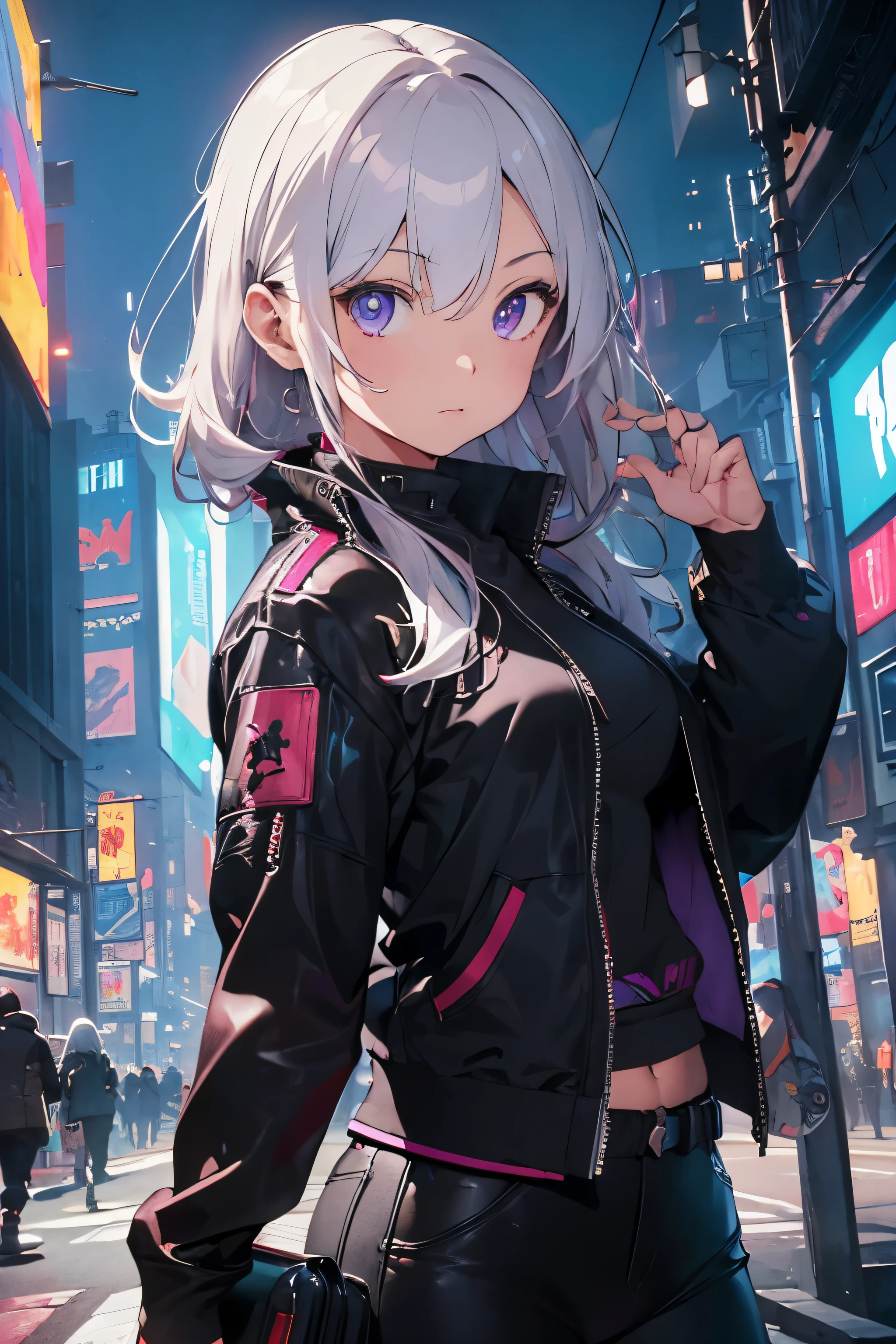 (masterpiece,best quality,ultra detailed,ultra high res,detailed background),((cyberpunk)),((flat color)),((colorful)),(1girl),pilot,pilot helmet,pilot jacket,looking at viewer,solo,upper body,colored background,high contrast,contrasting colors,cowboy shot, white hair, violet eyes,
