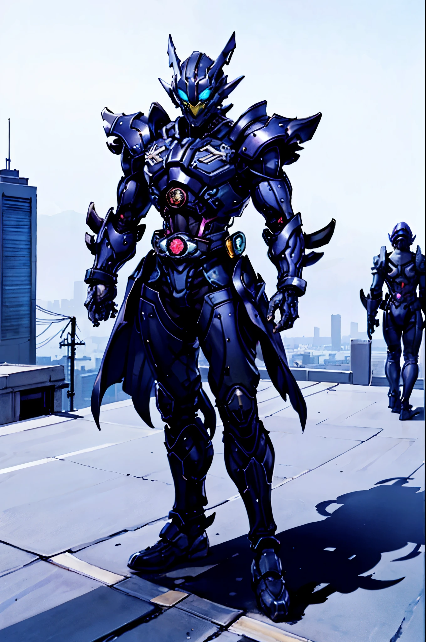 A super a high-tech biotech battle suit, standing on a rooftop, looking over the city, Japanese tokusatsu and American comic style, biometallic texture of the suit, sleek and shiny, dynamic, fast, natural light, cinematic, high quality, high resolution, high detail, sophisticated design, dramatic, high definition, ultra-detailed, ultra-fine painting, extremely delicate, creativity, Natural light, cinematic lighting, best shadow, masterpiece-anatomy-perfect