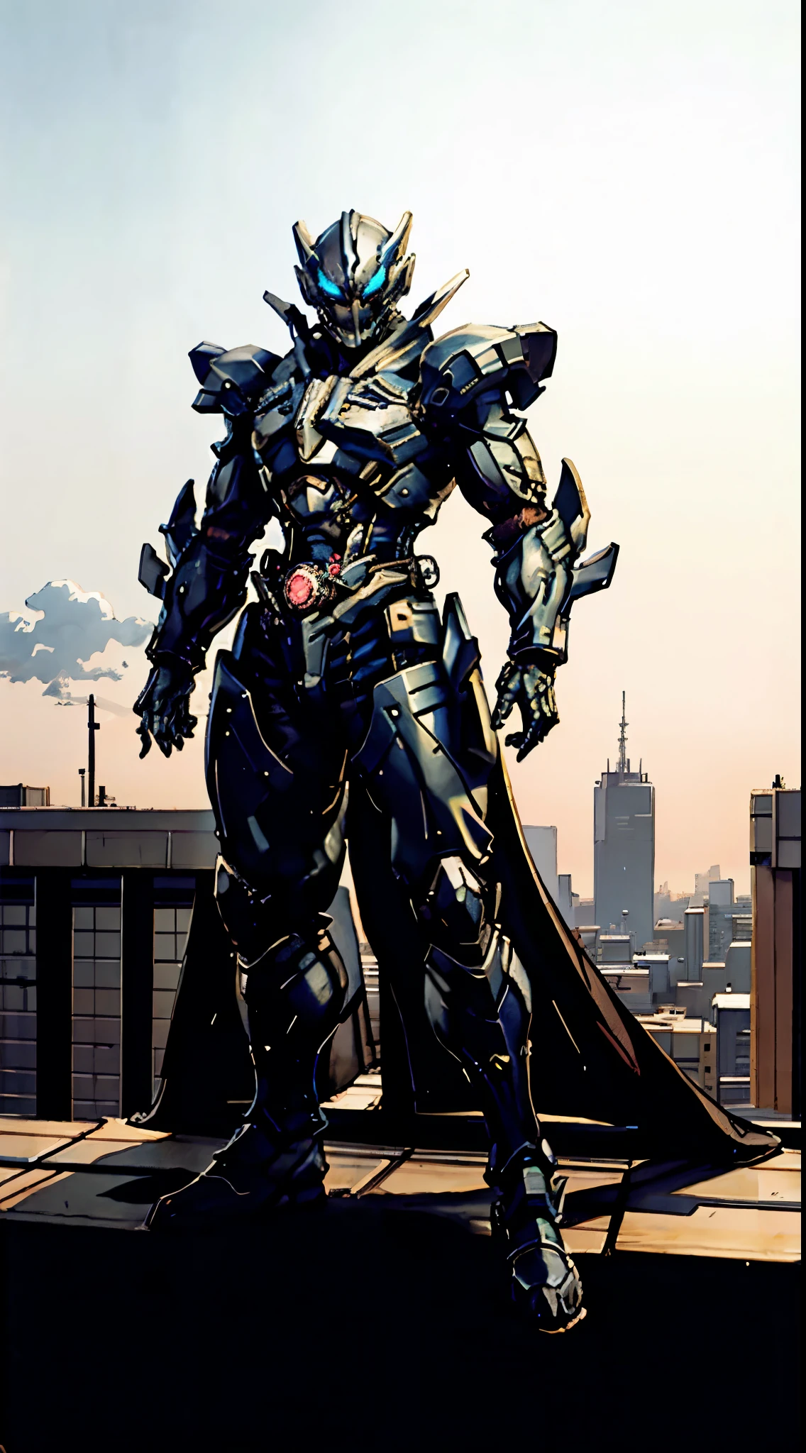 A super a high-tech biotech battle suit, standing on a rooftop, looking over the city, Japanese tokusatsu and American comic style, biometallic texture of the suit, sleek and shiny, dynamic, fast, natural light, cinematic, high quality, high resolution, high detail, sophisticated design, dramatic, high definition, ultra-detailed, ultra-fine painting, extremely delicate, creativity, Natural light, cinematic lighting, best shadow, masterpiece-anatomy-perfect