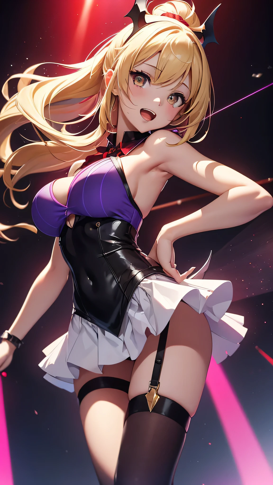 highest quality、Highest image quality、masterpiece、age girl((18-year-old、 Agar、vest bust、medium bust,wide open breast tea、golden eyes, blonde、ponytail、slender,highest valley、red vampire skirt、vampire makeup、Black wings、white powder makeup、red nail polish、gothic lolihion、vampire teeth、black underwear、claw pose、open your mouth wide、spinning pose、Have a microphone、A posture of leaning forward、bat hair ornament)),high quality、beautiful art、background((night live house、red laser light、blue laser light、random laser points、Virtual space、golden laser beam、purple laser light)),muste piece、Depth of written boundary、movie、visual art、perfect art、