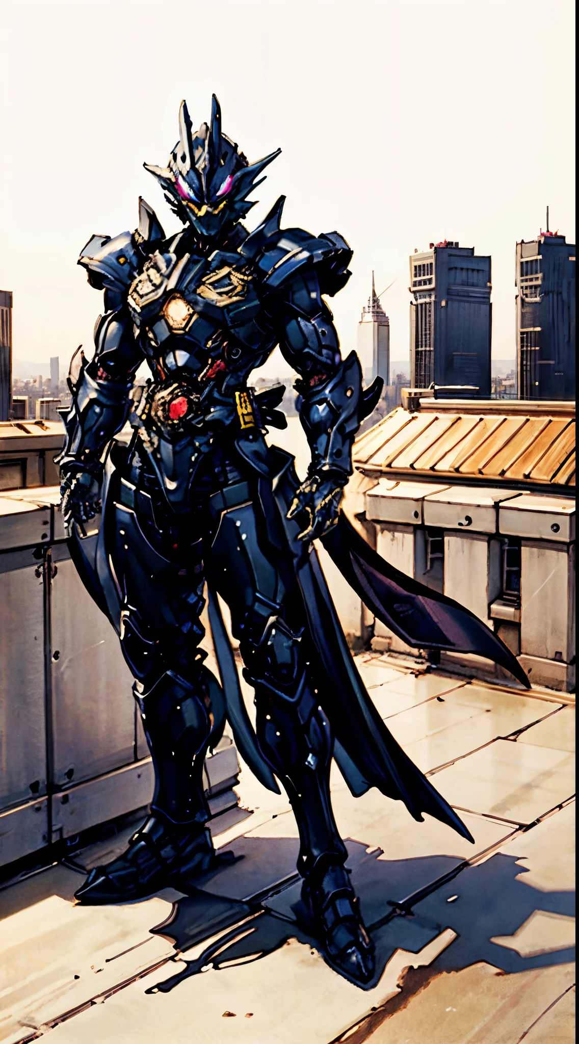 A super a high-tech biotech battle suit, standing on a rooftop, looking over the city, Japanese tokusatsu and American comic style, biometallic texture of the suit, sleek and shiny, dynamic, fast, natural light, cinematic, high quality, high resolution, high detail, sophisticated design, dramatic, high definition, ultra-detailed, ultra-fine painting, extremely delicate, creativity, Natural light, cinematic lighting, best shadow, masterpiece-anatomy-perfect