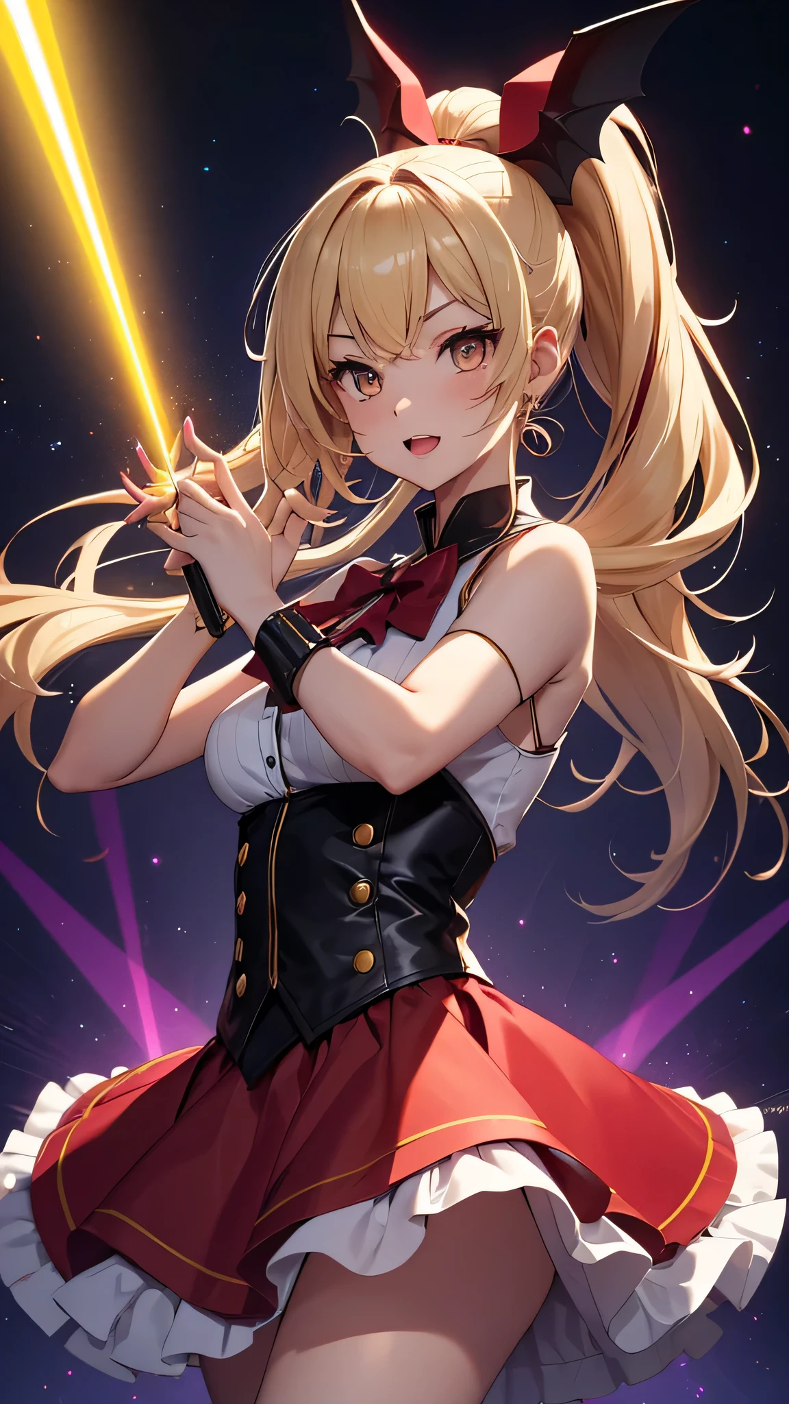 highest quality、Highest image quality、masterpiece、teenage girl((18-year-old、 Agar、vest bust、medium bust,wide open breast tea、golden eyes, blonde、ponytail、slender,highest valley、red vampire skirt、vampire makeup、Black wings、white powder makeup、red nail polish、gothic loli fashion、vampire teeth、black underwear、claw pose、open your mouth wide、spinning pose、Have a microphone、A posture of leaning forward、bat hair ornament)),high quality、beautiful art、background((night live house、red laser light、blue laser light、random laser points、Virtual space、golden laser beam、purple laser light)),muste piece、Depth of written boundary、movie、visual art、perfect art、