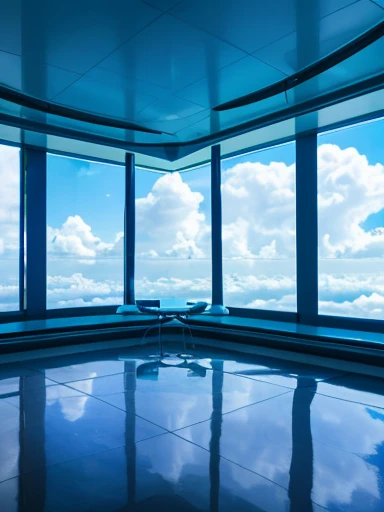 high quality、high resolution photos、technology, Nature and people々々々The spirits of are in perfect harmony、A futuristic city that looks like a bright science fiction movie、blue sky、White cloud、The inside of a white room that looks like something out of a science fiction movie、comfortable space、large glass window、