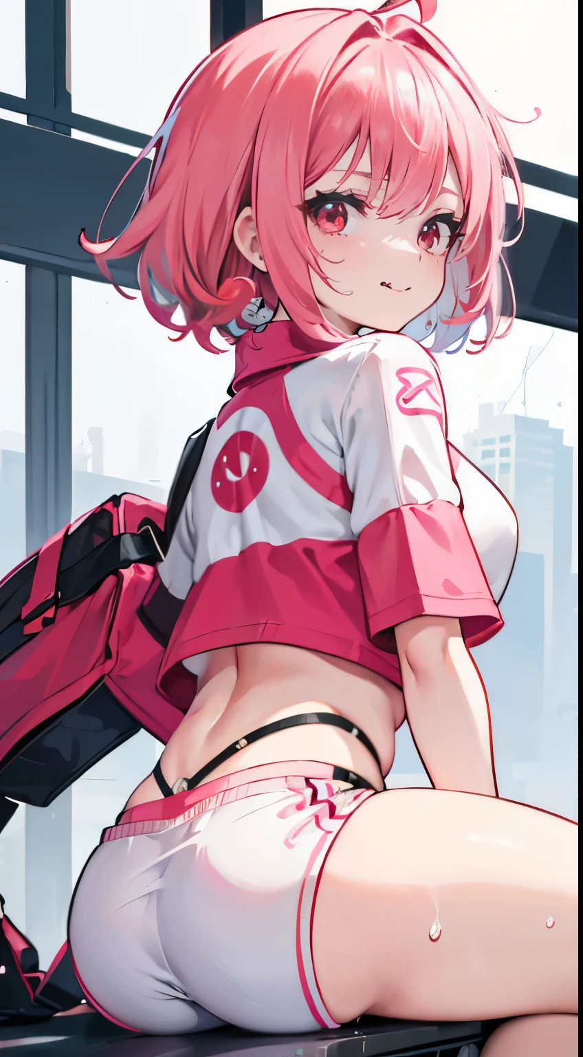 girl,short crop top,hot pants,Queen,Shake ack view,Cord,shackle,red eyes,No underwear,pink hair,big ass,Playful,stick out your tongue,Smile,sweat,secretion,Buttocks close up,sitting,Sit on the camera,back view
