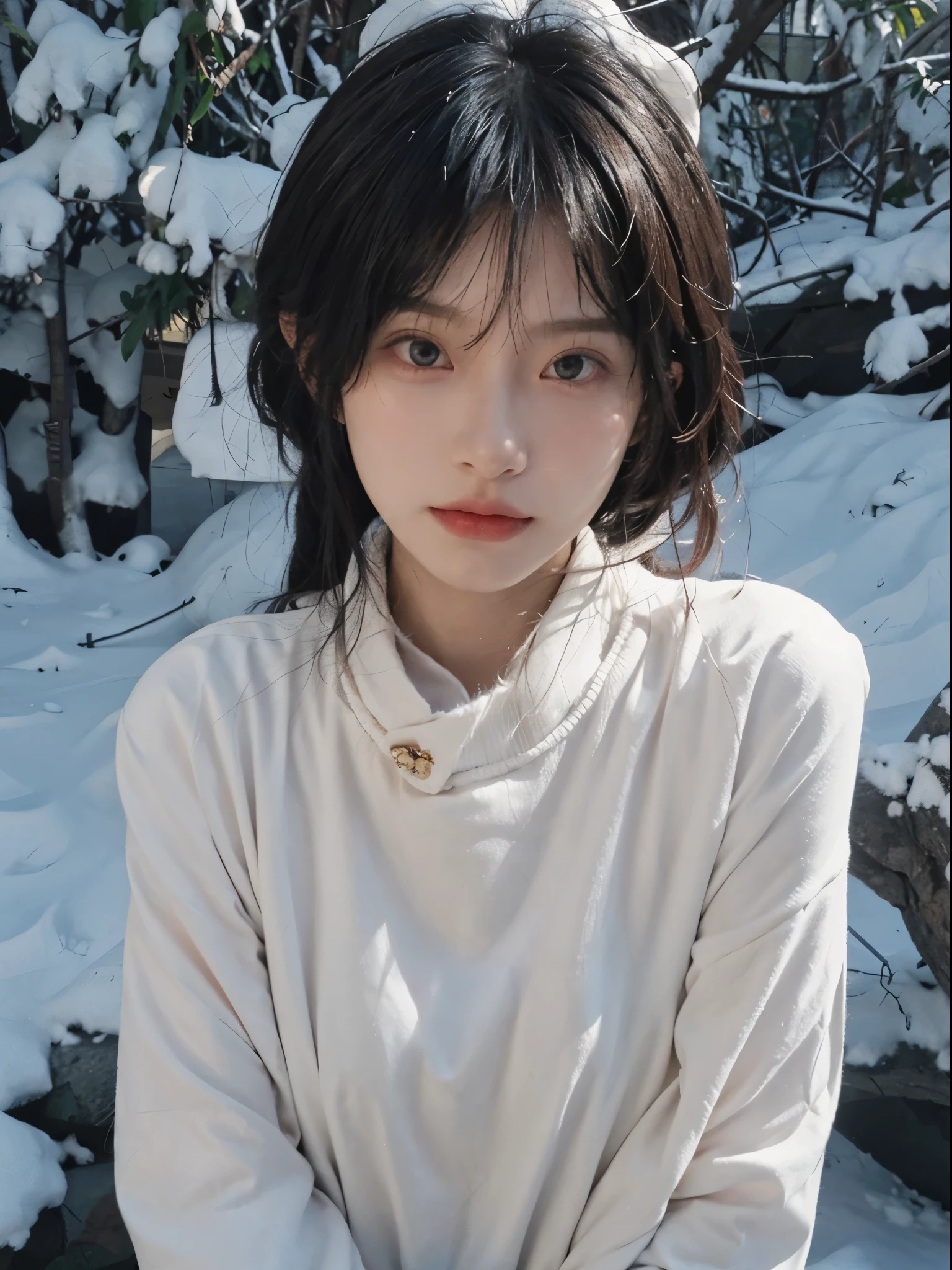 best quality, ultra high resolution, White background,(realistically:1.4), girl, A pair of eyes as clear as snow,Imperial sister,Black long straight, looking at the audience, close up ,