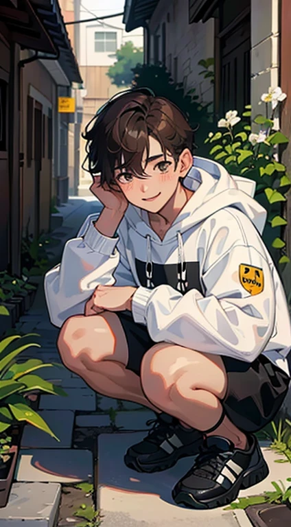 (disorganized, High resolution, super detailed, HDR), masterpiece, highest quality, 1 boy, alone, good looking, dark brown hair, finely eye and detailed face, amount, mole under his eye, black oversized hood, (white shorts), sneakers, ear piecing, squat, plant, flower, Back alley background, smile, From above, look up