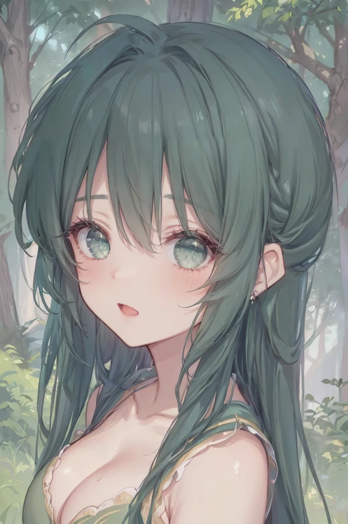 (forest:1.1), (green dress), small breasts, cleavage, super cute, (closeup face and breasts: 1.3), elfgirl, 1girl, masterpiece, professionally drawn, (huge breasts), (cleavage sweat), (anime drawing:1.1), (simple bold lines: 1.1), (anime:1.1), (very cute anime girl), (bright), (low contrast), (prettiest teenage girl), (mature face: 1.4), (tall girl with big breasts: 1.2), (looking at another: 1.2), (yuri:1.4)