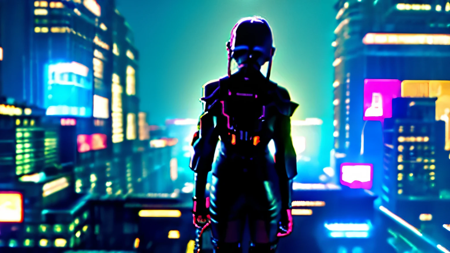 highest quality))、((masterpiece)、cyberpunk、A **-****-*** girl looks at the city from the roof of a building.、cyberpunk fashion、Neon lights of a dark city at night、standing in the center and staring at me