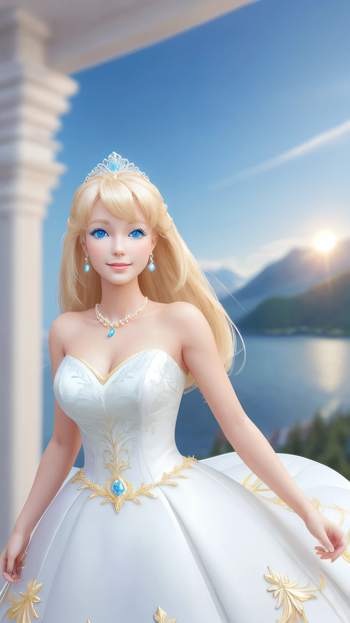 blond Barbie princess walking on a runway, Delicate detailed face, animated, detailed white skin texture, long golden hair, adorable, Clean, wide smile, glowing blue eyes, blue colored pupil, white wedding dress, luxurious tiara, gloss, fresh flowers, landscape, ocean, mountains, pine forest, centered golden frame, center, necklaces, pearls, Disney style, high resolution, official art, unreal-engine, high dynamic range, OctaneRender, render, cinema4d, sun ray, porcelaine, looking at viewer, depth of field, from below, masterpiece, 8K, best quality, anatomically correct