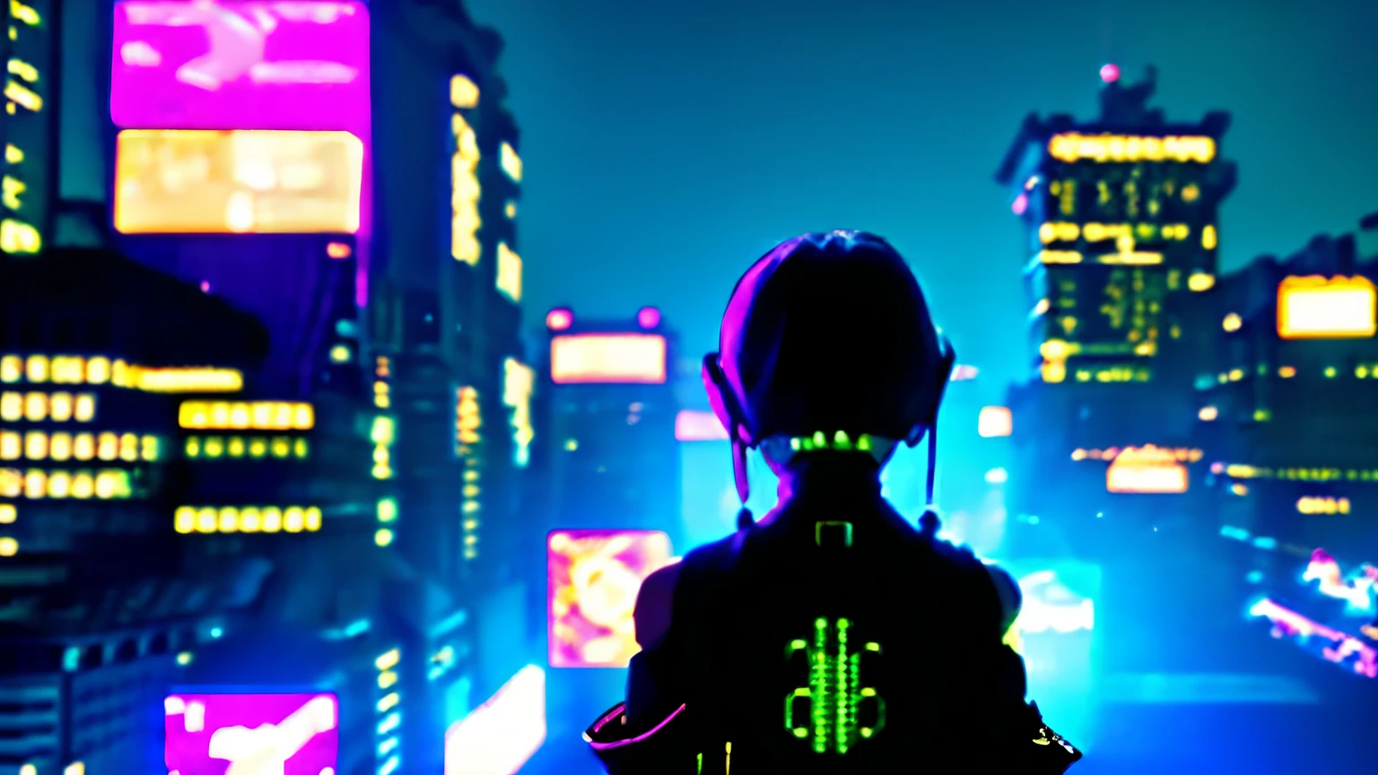 highest quality))、((masterpiece)、cyberpunk、A 12-year-old girl looks at the city from the roof of a building.、cyberpunk fashion、Neon lights of a dark city at night、standing in the center and staring at me