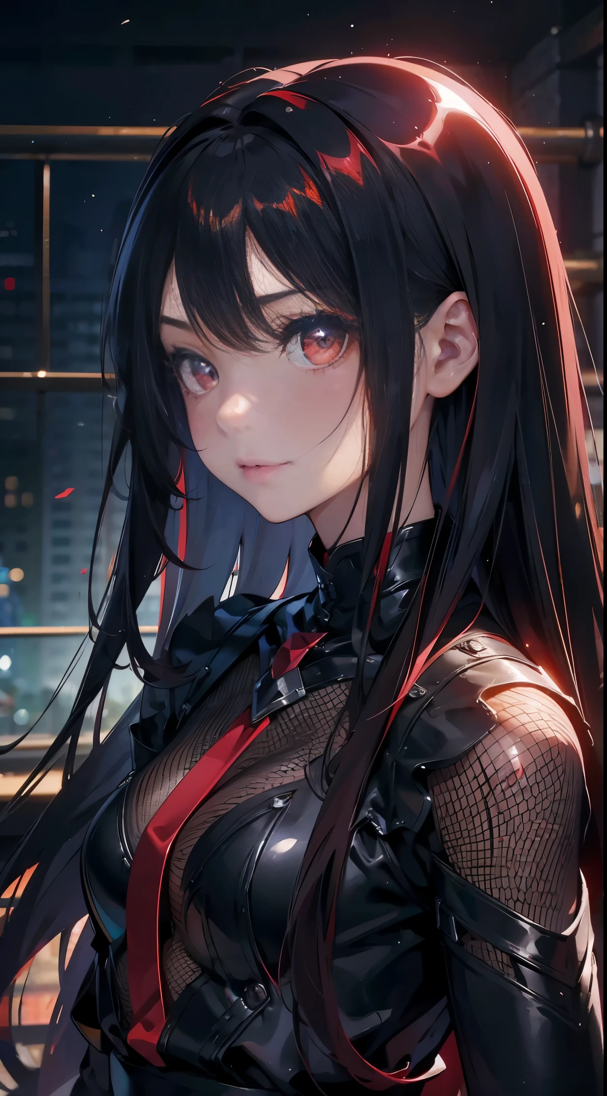 (Best Quality,4K,High resolution), 18yo woman, Red mesh hair on black hair, Shiny long straight hair, Innocence,sharp eye、red eyes、small nose、eye liner、 Luxury Black Silk Babydoll、Lonely face、Shoku、profile、slenderbody、Comical appearance,comic strip,animesque,Deformed cute illustration、Delicately expresses realistic skin texture、Muscle texture reproduction、Knife Art