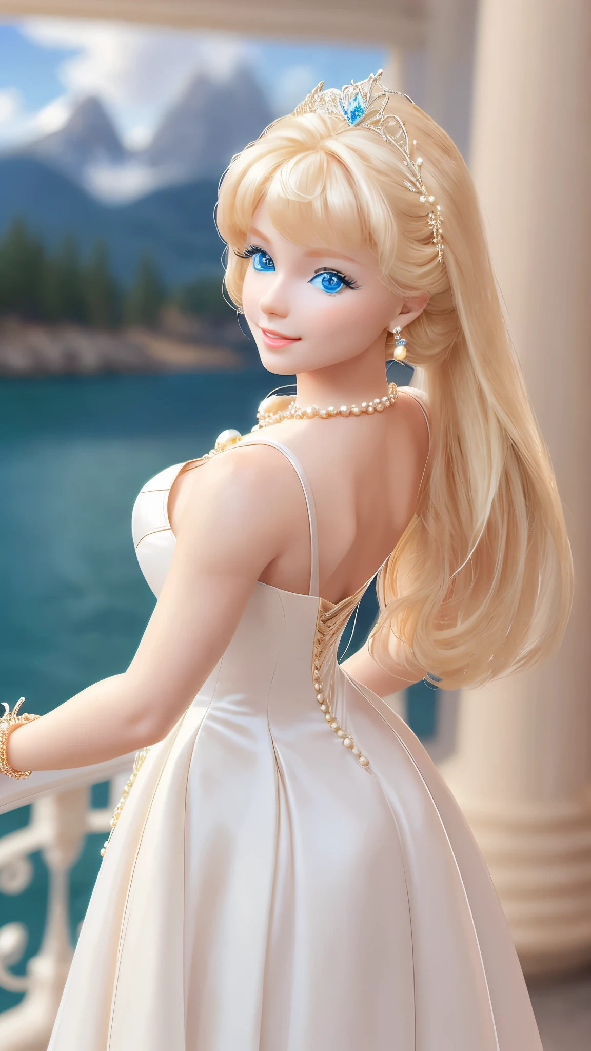 blond Barbie princess walking on a runway, Delicate detailed face, animated, detailed white skin texture, long golden hair, adorable, Clean, wide smile, glowing blue eyes, blue colored pupil, white wedding dress, luxurious tiara, gloss, fresh flowers, landscape, ocean, mountains, pine forest, centered golden frame, center, necklaces, pearls, Disney style, high resolution, official art, unreal-engine, high dynamic range, OctaneRender, render, cinema4d, sun ray, porcelaine, looking at viewer, depth of field, from below, masterpiece, 8K, best quality, anatomically correct