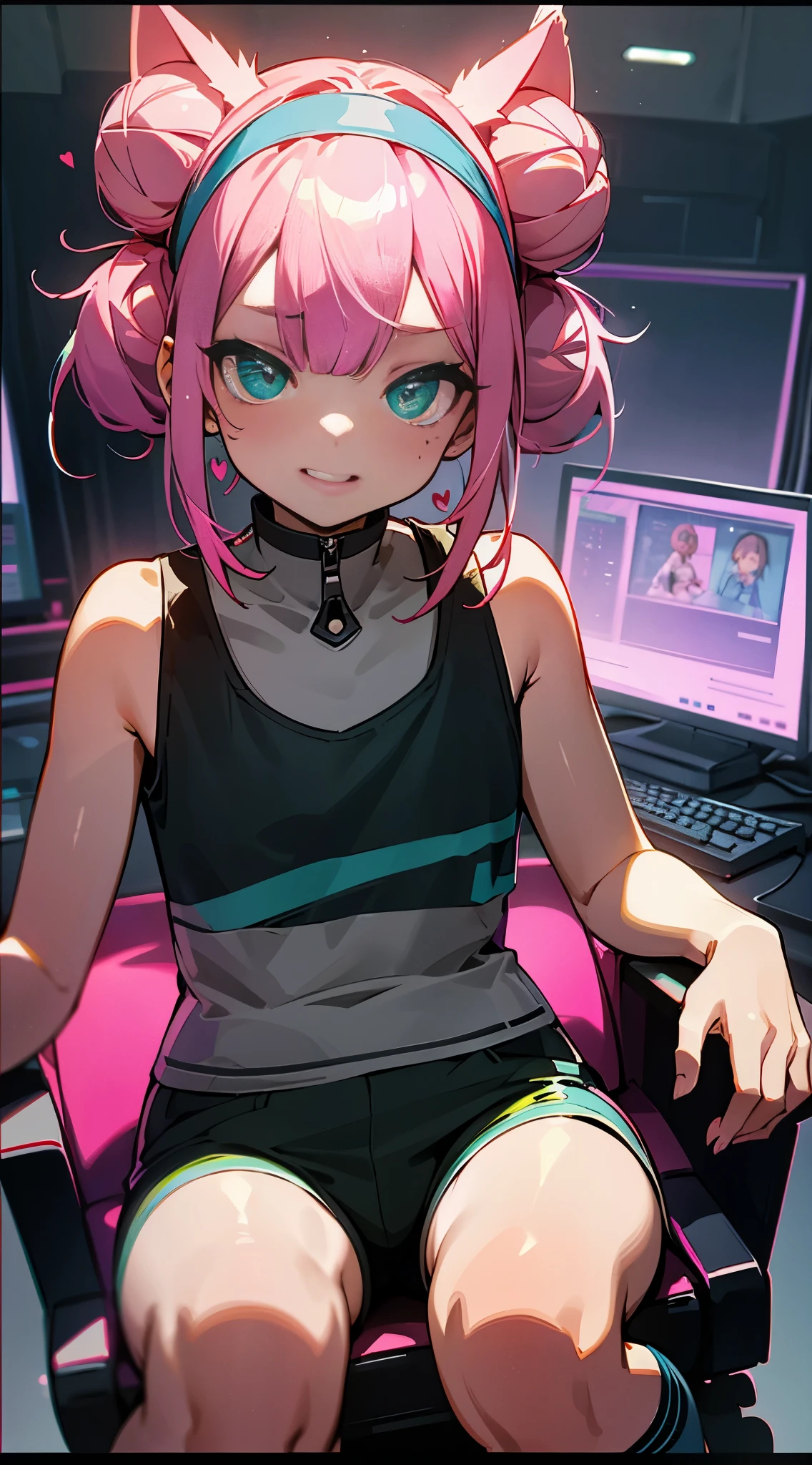 Tank top, shorts, height 165, little girl in over-the-knee socks, gaming room, three computers on table, sitting in gaming chair, confident expression, raised corners of mouth, bangs, double bun, pink hair, hairpins, headband, moles under eyes, heart-shaped pupils, aqua-green eyes, cat ears, saliva, mouth, tongue sticking out, verbal invitation, surrealism, anime, verism, chiaroscuro, cinematic lighting, god ray, backlight, three-sided view, frame, lens flare, wide angle, high resolution, UHD, retina , Masterpiece, ccurate, anatomically correct, textured skin, super detail, high detail, high quality, award-winning, best quality, 1080P, HD, 16k