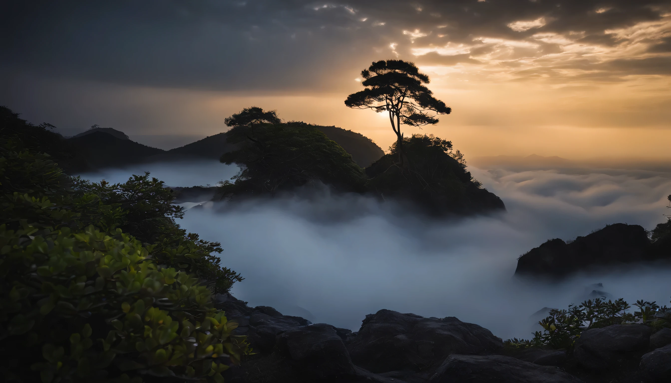 Magnificent view，Mountain top forest edge landscape photography professional high quality nature digital photography，Broad field of view，Bushes in the moonlight，Moonlight 1 White Phalaenopsis orchids on the edge of the cliff，Clear and transparent water，Huge stones stand taljestic，Yamakawa， dead tree，falling leaf， and beautiful，Minimalist，Deep bluish yellow toneoggy sky，Nightmare vision， Dark fantasy plot，Perfect and excellent composition，8K分辨率，the detail，Rain trails，dampness，water stain，very wide angle shot，Jack Guzman's environmental art photography，realisticlying，cinematic compositions，Volumetriclighting，vividness, A detailed, stunning skies, Colorful clouds float，true to life, Pubic area is clear, flawless perfection, Digital SLR, 16k, 1024, 2048, 4096, A detailed, Sharp, best qualtiy, high qulity, absurderes，unmanned background，The is very detailed、Detailed lighting shadows，Trends on ArtStation、iintricate、high detal、dramatics、Midjourney Art（Volumetriclighting：1.2）hdr shot。（Faraway view，Super deep view，ultra-wide-angle，Microfocal length lens：1.2）（realisticlying：1.4）tmasterpiece、high high quality、Beautiful photography、globalillumination、