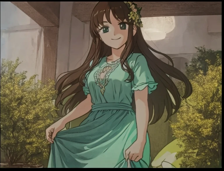 A beautiful woman with long brown hair is smiling and standing in a green dress-like outfit.。