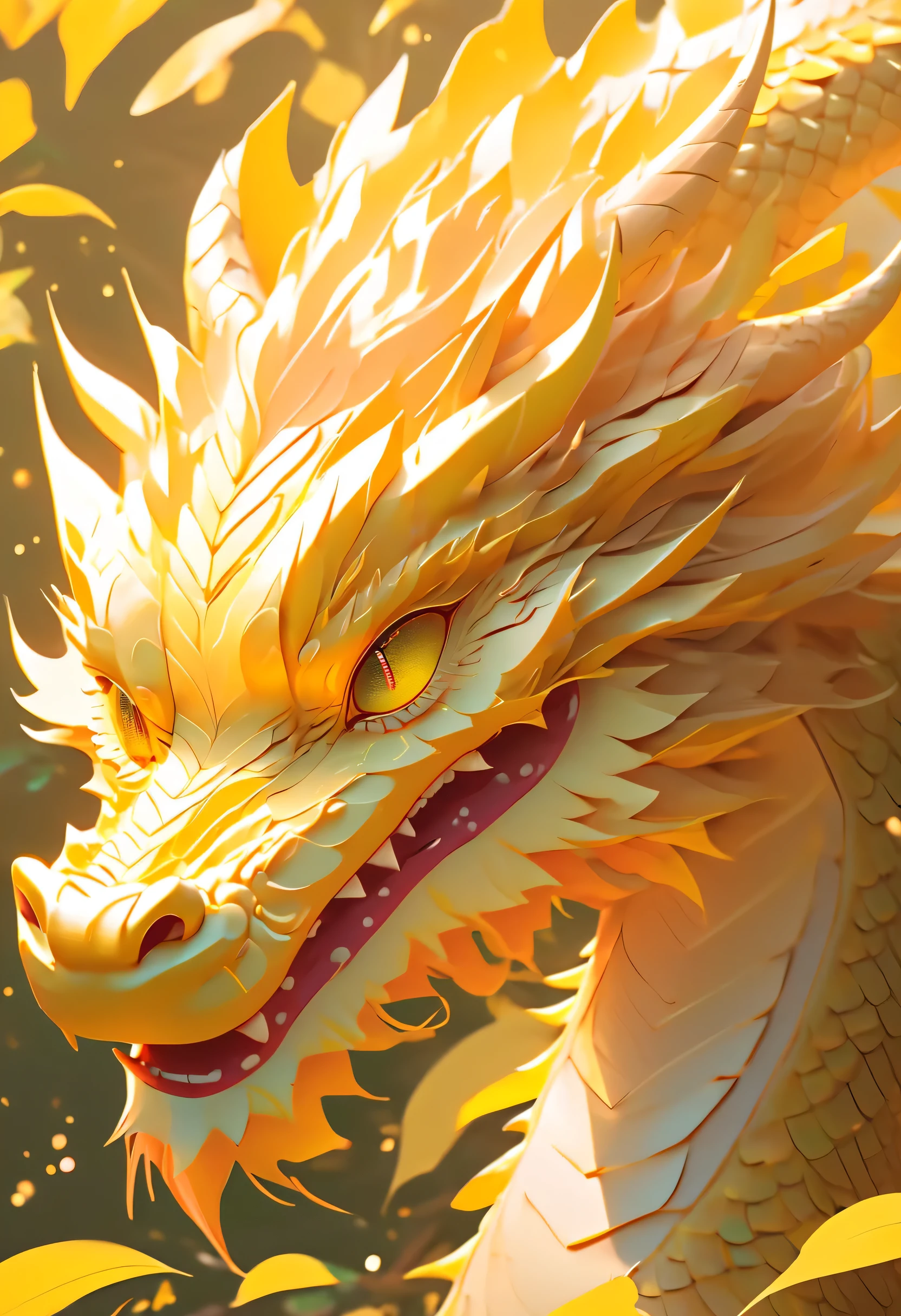 Dragon Year Poster， in the style of serene atmosphere, dragon art, atey ghailan, leaf patterns, miki asai, strong facial expression, light maroon and light yellow 4k